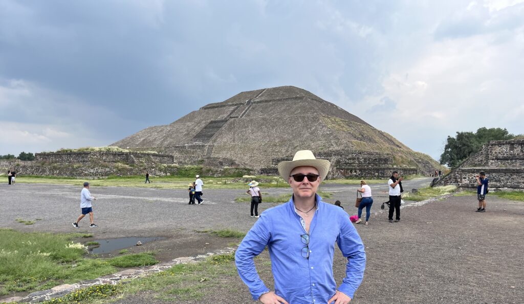 the sun pyramid at Teotihuacan, with Guy Windsor in the foreground