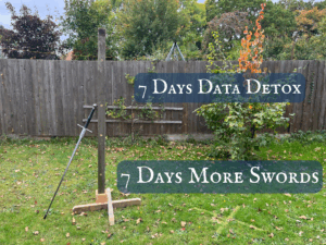 My pell on its new base, with a longsword leaning against it, put together during my 7 day data detox.